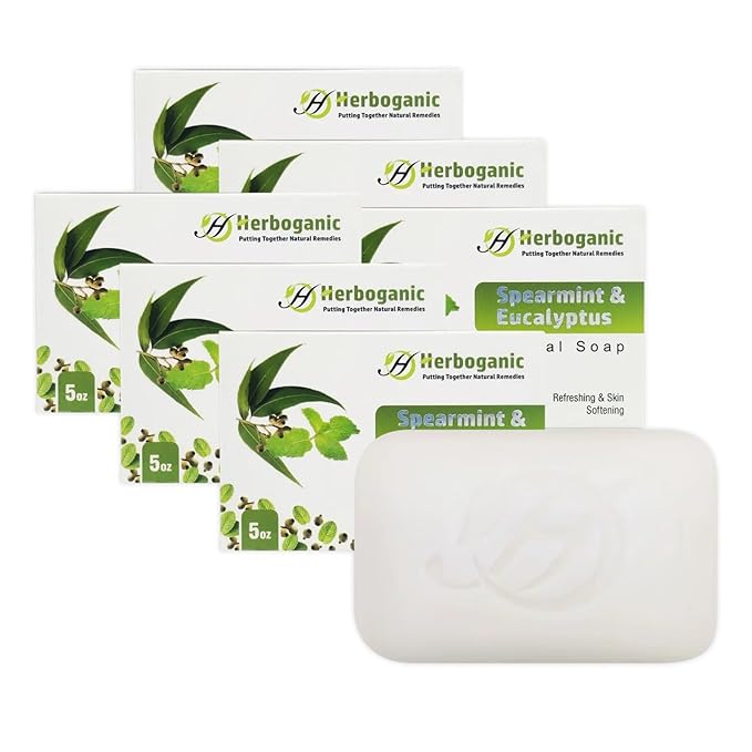 HERBOGANIC Spearmint and Eucalyptus Herbal Soap | Pack of 6 of 5oz soap Bar | Ideal for Men and Women, Soothing and Nourishing Soap for Moisturization