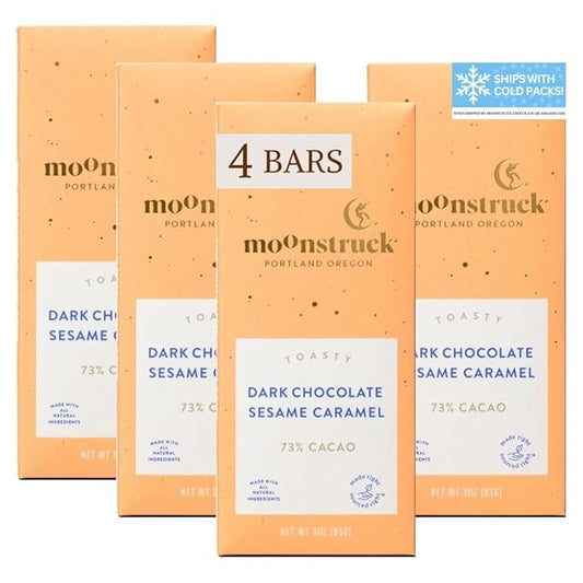 Moonstruck Chocolate Sesame Caramel Dark Chocolate Bar, 73% Cacao, 3.0oz (Pack of 4)
