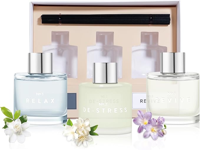 3 Pack Fragrance Reed Diffuser, 50 ML Gardenia Jasmine White Tea Freesia Aromatherapy Scent Diffuser Set with 12 Black Fiber Sticks,Air Freshener for Bedroom Bathroom Office