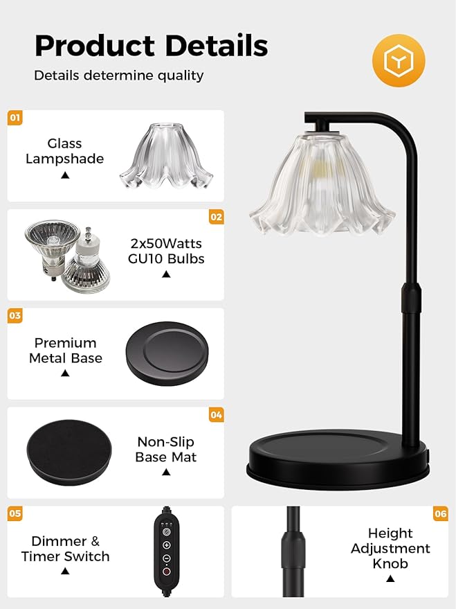 Flower Candle Warmer Lamp with Timer - Adjustable Height Wax Melt Warmer for Scented Jar Candles Light, Women Birthday Gifts for Mom, House Warming Gifts New Home Vintage Room Decor, Black