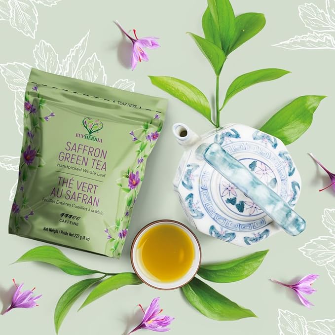 Eupherbia Saffron Green Tea, Handpicked, Highland Grown Whole Leaf Tea, Enriched with 3 Grams of Premium Saffron Threads, Herbaceous, Grassy, Bittersweet, 227g (8 oz)