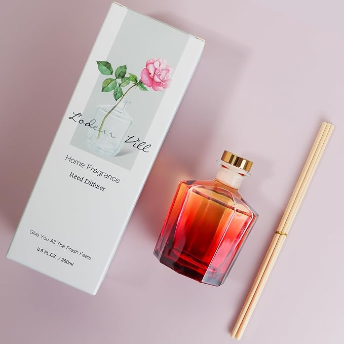 L'odeur Vill Reed Diffuser, 8.5 Oz(250ml) Jasmine Lily Bathroom Diffuser with 10 Sticks, Scented Diffuser Home Fragrance Essential Oil Reed Diffuser Set for Home Large Rooms Bathroom Shelf Decor