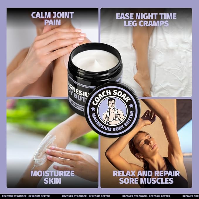 Coach Soak Recovery Bath Soak & Nighttime Magnesium Body Butter Bundle - Calming Lavender Scent - 3lb Bath Salts & 8oz Body Cream with Essential Oils, Magnesium & Shea Butter