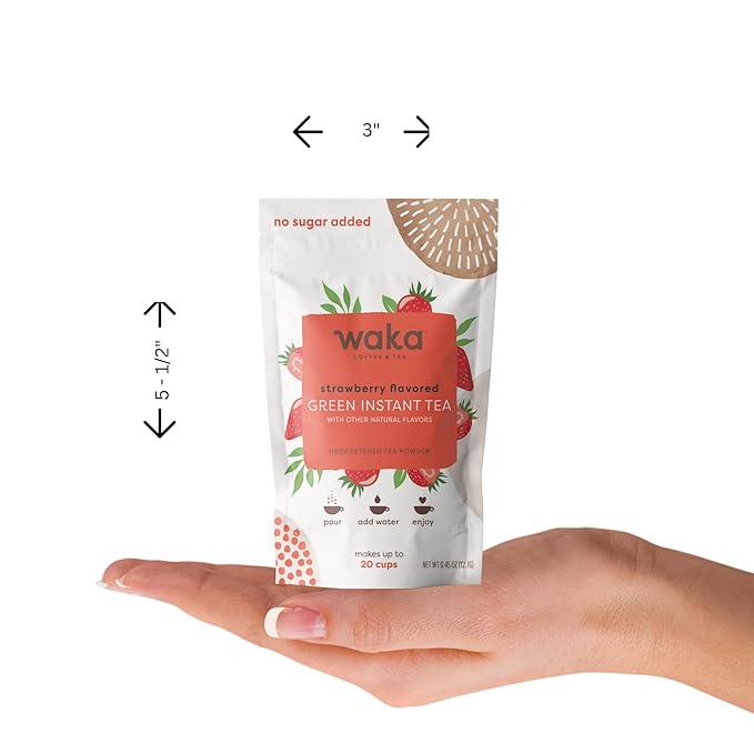 Waka Instant Green Tea Mix, Strawberry Flavored - 100% Tea Leaves, No Additives, Unsweetened Sample/Travel Size Tea Powder - Easy Quick Hot and Iced Teas, Up to 20 Cups or 5 Quarts (.45oz)