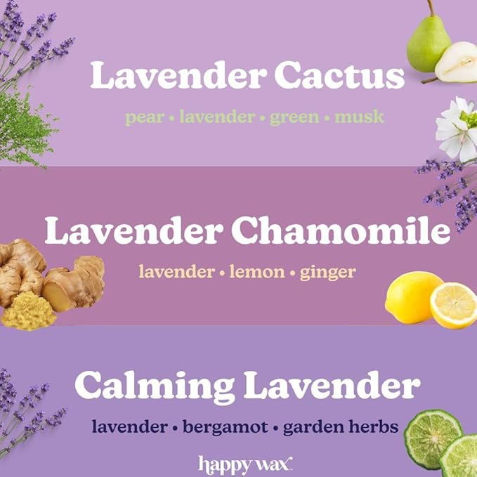 Happy Wax Lavender Lovers Collection Scented Natural, Non Toxic Soy Wax Melts – 6 Total Oz. - Includes: LavenderCactus, LavenderChamomile and CalmingLavender