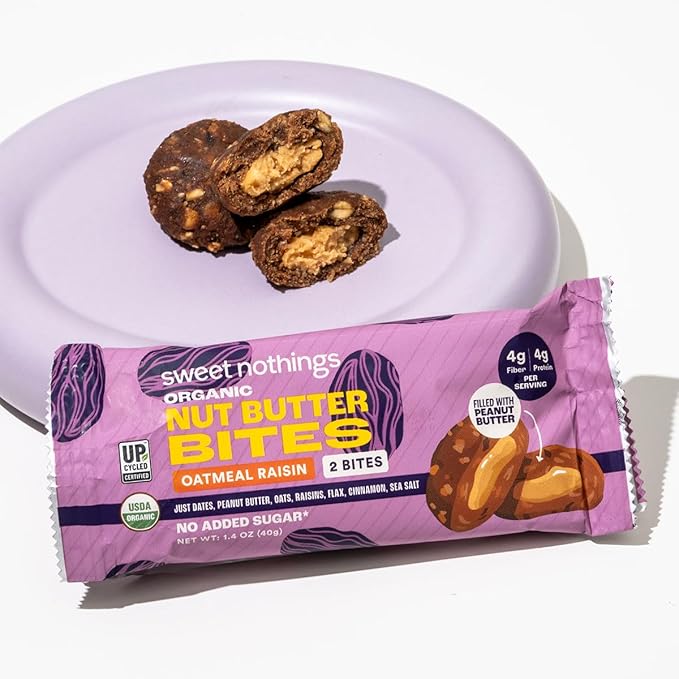 Sweet Nothings, Oatmeal Raisin, USDA Organic Nut Butter Bites Protein Bar, Nut & Date Snack, Filled with Peanut Butter, 12-2 Bite Value Packs - No Added Sugar, Plant Based, Vegan, Only 7 Ingredients