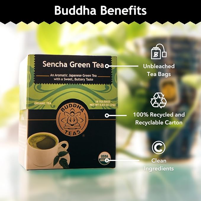 Buddha Teas - Organic Sencha Green Tea - For Health & Wellbeing - Japanese Green Tea - With Antioxidants & Minerals - Clean Ingredients - Caffeinated - OU Kosher & Non-GMO - 18 Tea Bags (Pack of 1)