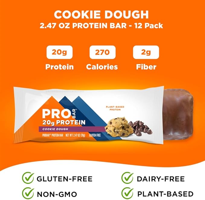 PROBAR - PROTEIN Bar, Cookie Dough, Non-GMO, Gluten-Free, Healthy, Plant-Based, Whole-Food Ingredients, Natural Energy (12 Count)