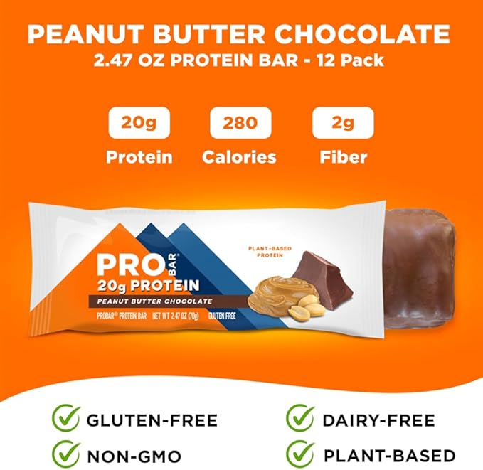 PROBAR - PROTEIN Bar, Peanut Butter Chocolate, Non-GMO, Gluten-Free, Healthy, Plant-Based, Whole-Food Ingredients, Natural Energy (12 Count)