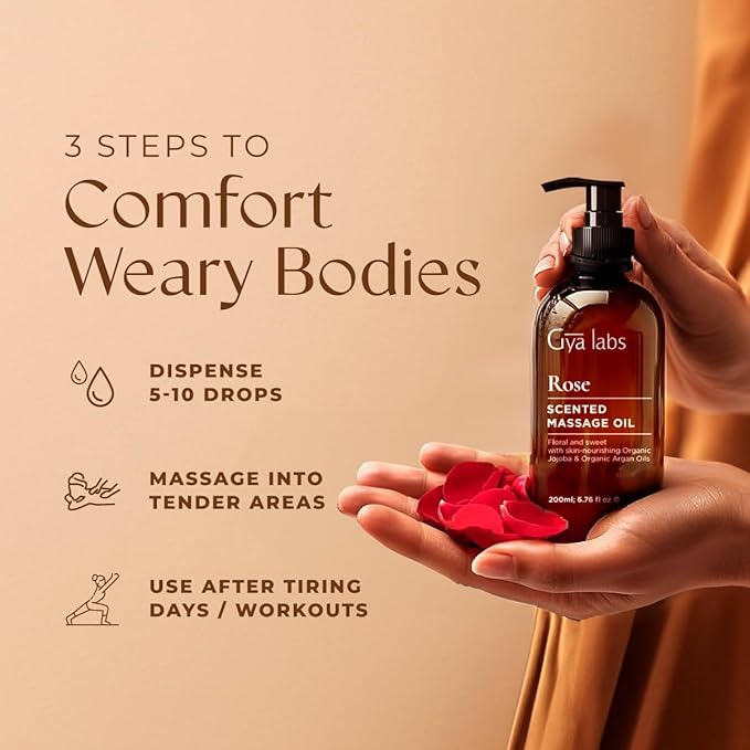 Gya Labs Rose Massage Oils for Date Nights - 6.76 Fl Oz - Rejuvenating Aromatherapy Body Massage Oil for Men & Women - Crafted with Jojoba, Argan, Sunflower, Sweet Almond & Rose Otto