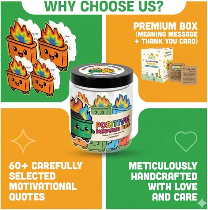 60 Positive Dumpster Fire Cards Jar, Affirmation Cards for Women, Emotional Support Gift, Funny Dumpster Fire Desk Accessories, Unique Zen Garden, Coworker Gifts for Women
