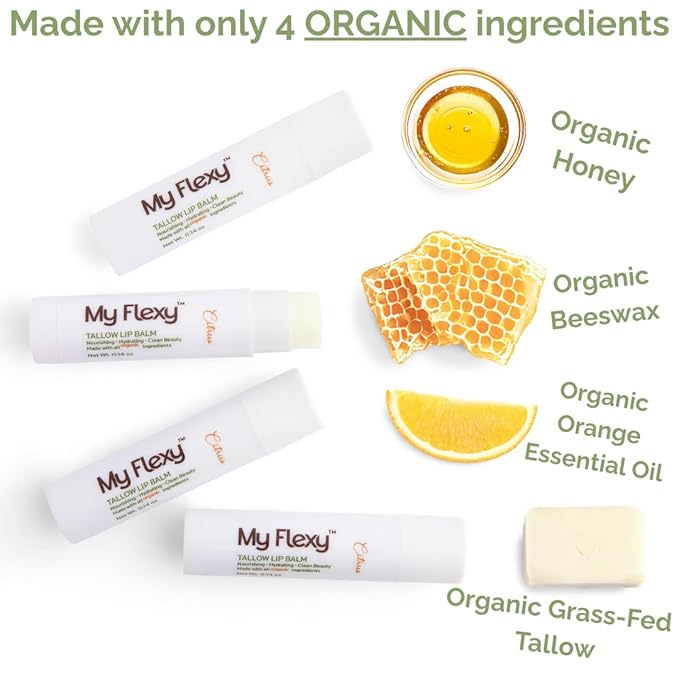 100% Organic Lip Balm Hydrating, Grass-Fed Beef Tallow Lip Balm, Made with Pasture Raised Tallow, Honey, Beeswax, & Orange Essential Oil, Lip Balms & Moisturizers - Bulk Pack of 3