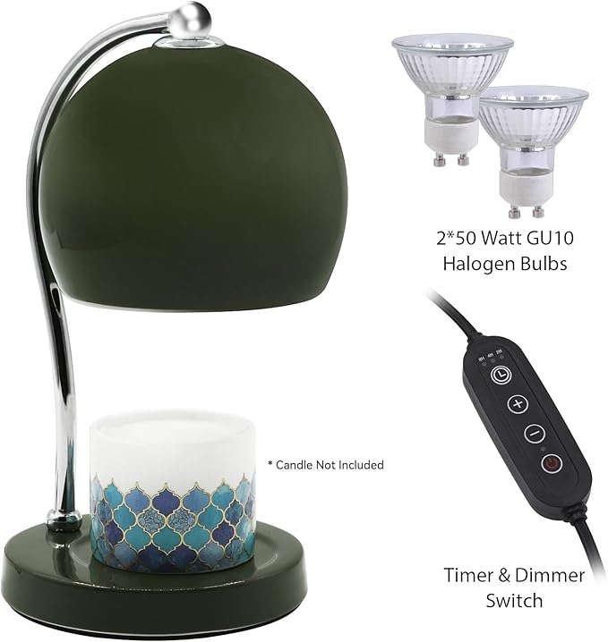 Ceramic Dimmable Candle Warmer Lamp with Timer Fit for Medium Size Candle Jars, Aesthetic Design with 2 Bulbs, House Warming Gifts, New Home Decor, Mother's Day, Birthday Gifts (Green)