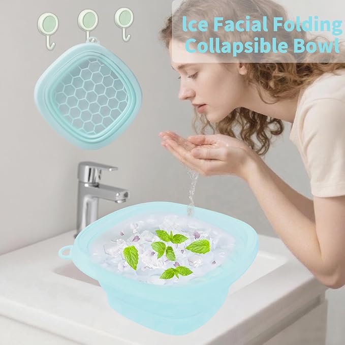 Face Bowl for Ice with Built-in IceTray,Collapsible Silicone Face Ice Bowl – Cold Plunge Therapy for Skin Tightening & Facial Treatment– Portable Spa Tool for Home & Travel(Blue)