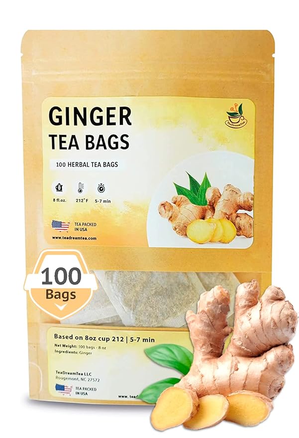 TeaDreamTea Ginger Tea Bags - 100 Bleach-Free Tea Bags | Caffeine Free, Antioxidant, Calms Upset Stomach - Strengthen Immune System - Herbal Ginger Tea