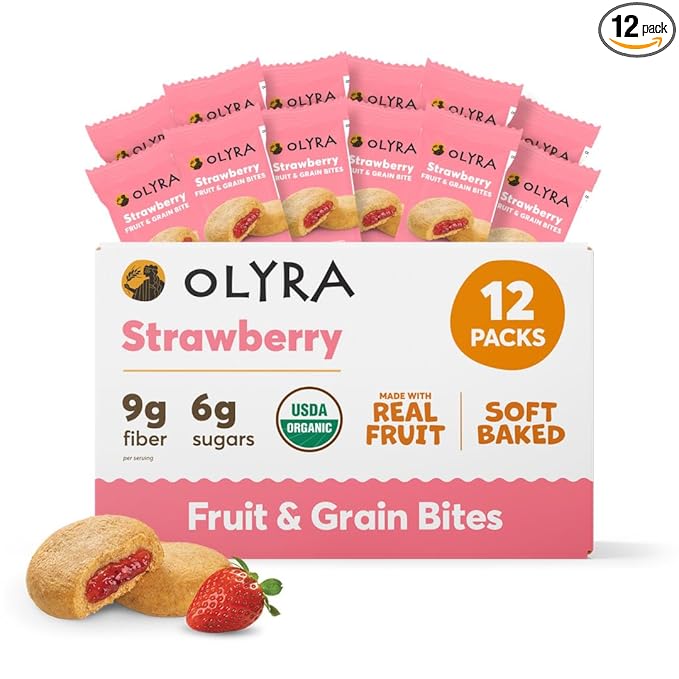 Olyra Strawberry - Organic Soft Baked Breakfast Bars - High Fiber - Healthy Breakfast Snacks with Real Fruit Filling - Healthy Snacks for Adults - Office Snack - School Kids Snack - Pack of 12