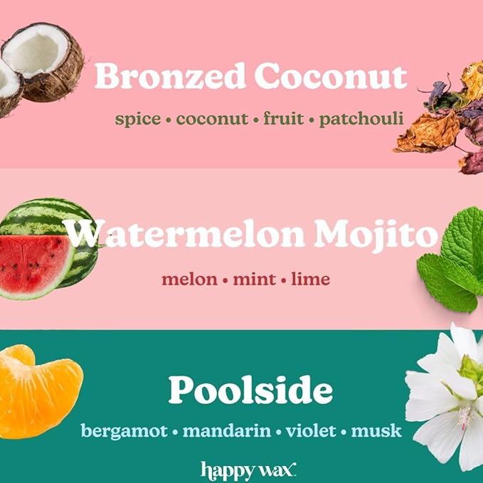Happy Wax Vacation Mix Premium Scented Natural, Non Toxic Soy Wax Melts – 6 Total Oz. of Scented Wax Melts. Includes: Watermelon Mojito, Poolside and Bronzed Coconut