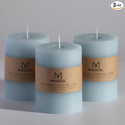 MOZEAL 3" x 4" Hand-Poured Unscented Baby Blue Candle, Dripless Sky Blue/Light Blue Pillar Candle Set of 3, Long Clean Burning, Approx 72 Hours Burn Time, Rustic Country Style, Home Decor