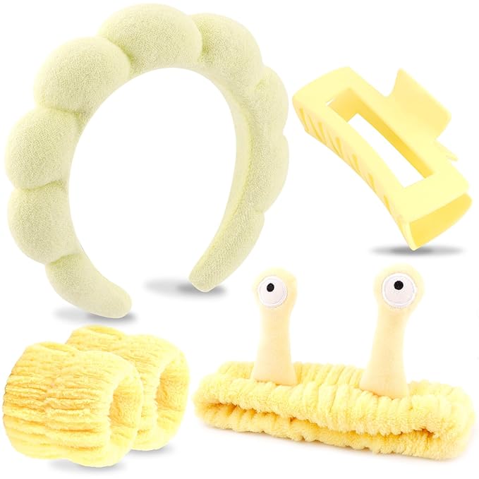 VELSCRUN Spa Headband, Makeup Face Wash Skincare Headbands, 5 Pcs Sponge Get Ready Snail Hairband Facial Wristband Hair Clip Set, Stuff for Teen Girls Women Trendy Hair Accessories Yellow