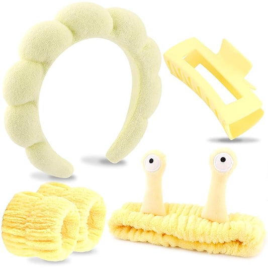 VELSCRUN Spa Headband, Makeup Face Wash Skincare Headbands, 5 Pcs Sponge Get Ready Snail Hairband Facial Wristband Hair Clip Set, Stuff for Teen Girls Women Trendy Hair Accessories Yellow