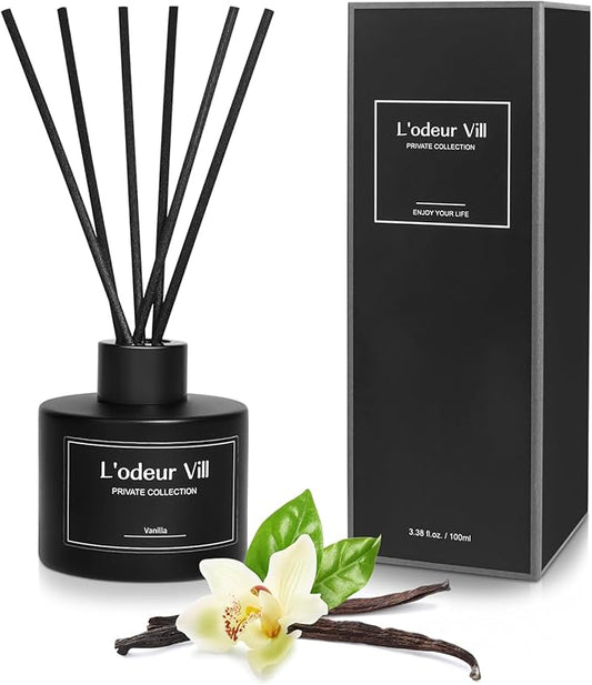 L'odeur Vill Reed Diffuser, 3.4oz(100ml) Vanilla Reed Diffuser Set with 6 Oil Diffuser Sticks, Matte Black Aroma Scent Diffuser, Long Lasting Home Fragrance for Bathroom Shelf Decor