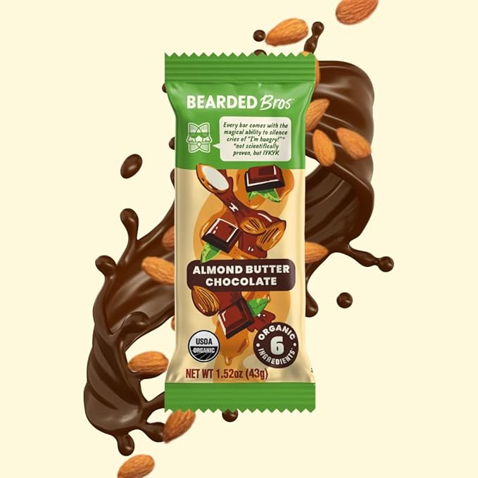 Bearded Brothers, Organic Vegan Protein Energy Bars, Almond Butter Chocolate (12 Pack) - Gluten Free, Paleo, Non GMO, Soy Free, Low Glycemic, No Sugar Added, Whole 30, Fiber (Packaging May Vary)
