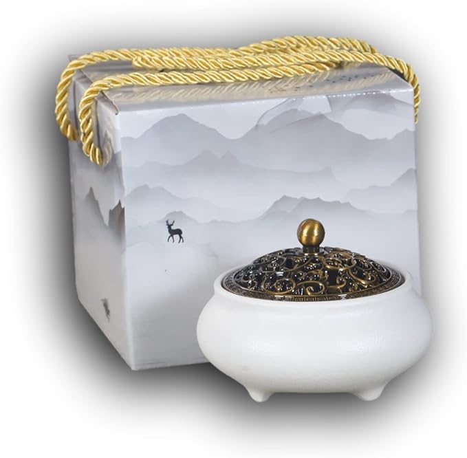 Cone Incense Burner Gift Set – Ceramic Burner with Metal Lid, Holder & Fireproof Cotton – for Stick, Cone & Coil (White)