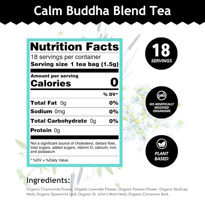 Buddha Teas - Calm Buddha Blend - Organic Herbal Tea - For Health & Wellbeing - Blend of Organic Herbs - Clean Ingredients - Caffeine Free - OU Kosher & Organic - Non-GMO - 18 Bleach-Free Tea Bags