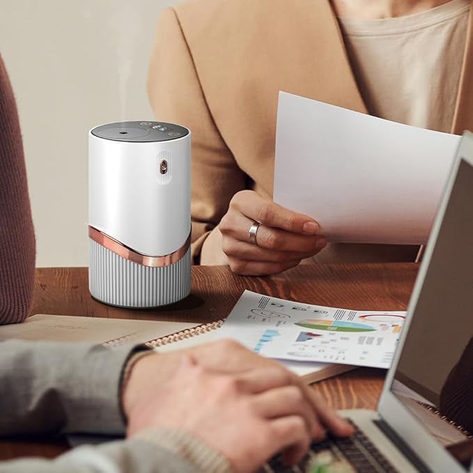 Waterless Essential Oil Diffuser - Car Aroma Diffuser, Portable Smart Scent Air Machine 1/2/3 & Continuous Mist, Anti-TIPP, Timer Setting and Auto-Off Function (White)