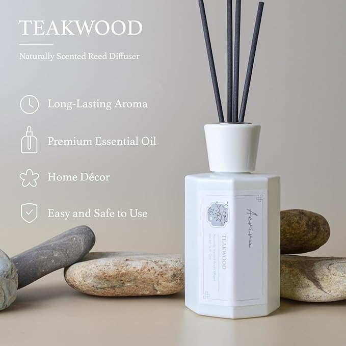 Reed Diffuser Set, 6.7 oz Teakwood Scented Reed Diffusers for Home with Sticks, Home Fragrance Oil Scent Diffuser for Bathroom, Decor & Gift