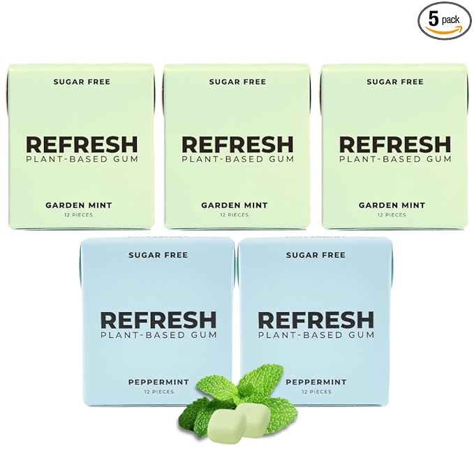 Refresh Gum, Xylitol, Natural, Sugar Free, Chewing Gum, Plastic Free, Natural Flavors & Organic Ingredients, Non GMO, Gluten Free, Vegan, 12 Count (Pack of 5), Mint Variety Pack