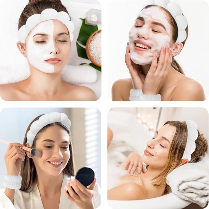 Spa Headbands for Washing Face Wristband Set Sponge Makeup Skincare Headband Wrist Towels Bubble Soft Terry Towel Cloth Hairband for Women Puffy Headwear Non Slip Thick Thin Hair Headwear (White)