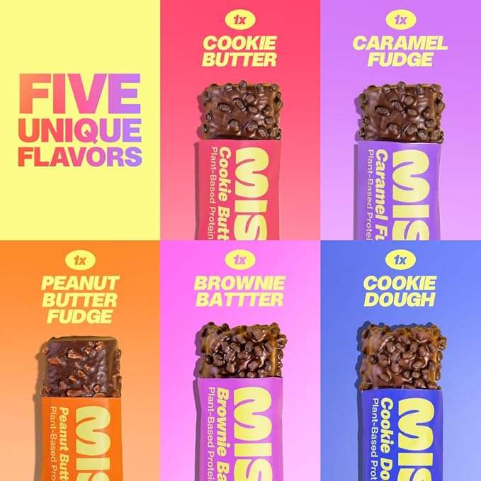 Misfits Vegan Protein Bars - Updated Recipe | Plant Based, Low Sugar & Carb, High Fiber Snacks | Variety Sample Pack to Trial the Flavors | Pack of 5 (1 of Each Flavor)