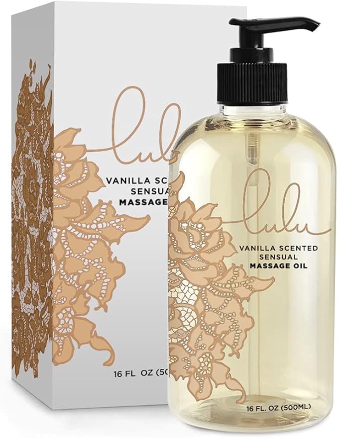 Lulu Vanilla Massage Oil with Fractionated Coconut & Cocoa Butter, Deeply Nourishing Non-Greasy Body Oil for Smooth Skin & Relaxation, for Date Night, Couples Massage & Massage Therapy, 16 fl oz Pump