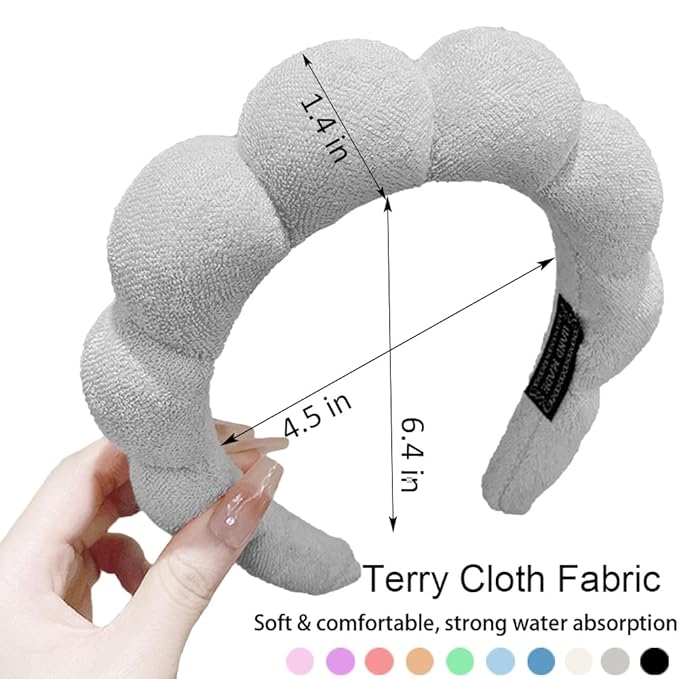Spa Headbands for Washing Face or Makeup, Sponge Bubble Skincare Headbands, Puffy Terry Cloth Hairband for Women, Skin Care Makeup Headwear Hair Accessories for Girls(Gray)