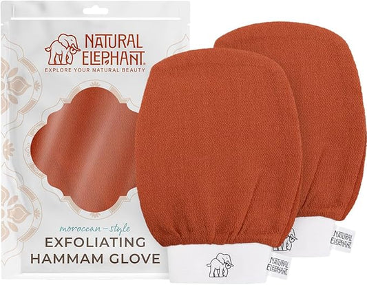 Natural Elephant Exfoliating Hammam Glove | Authentic Moroccan Kessa Body Scrub Mitt for Spa-Quality Skin Renewal | Burnt Orange 2 Pack