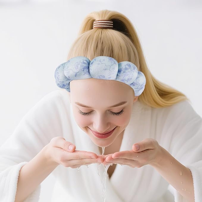 Zkptops Spa Headband for Washing Face Wristband Set Flower Sponge Makeup Skincare Velvet Fabric Bubble Soft Get Ready Hairband for Women Puffy Headwear Non Slip Thick Thin Hair Accessory(Blue Flowers)