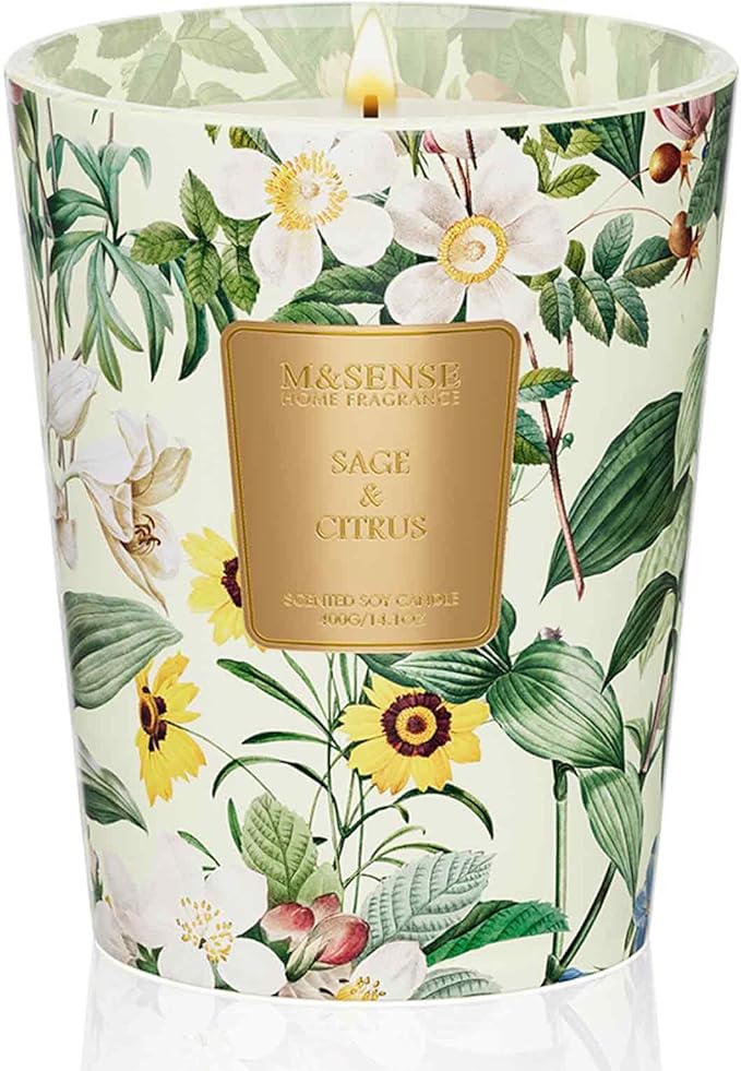 M&SENSE Sage Citrus Scented Natural Soy Wax Candle, 14.1oz 60 Hours Long Lasting Slow Burning Candles for Home Decor, Aromatherapy Candle for Stress Relief