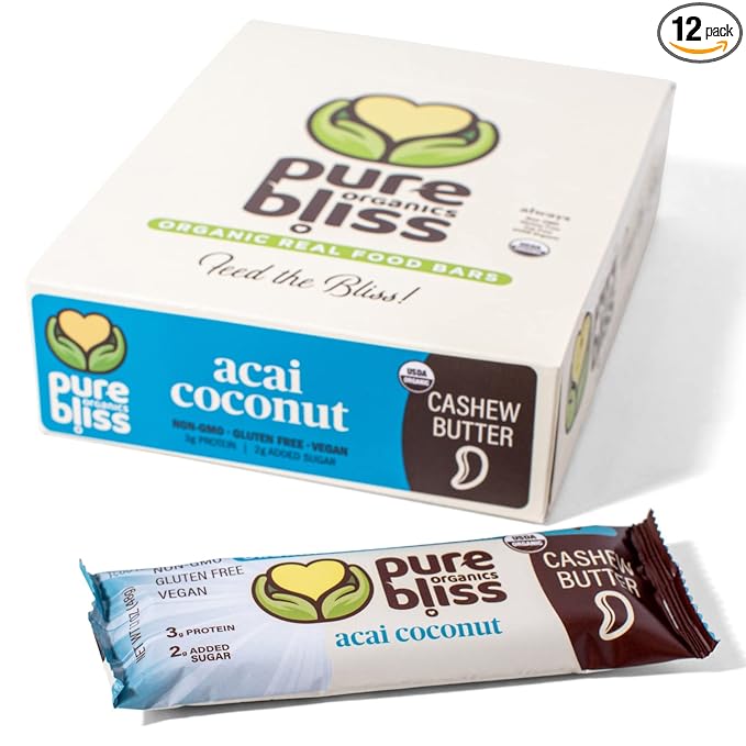 Organic Real Food Bar (Acai Coconut) Non-GMO, Gluten Free, Vegan, Nutrition Bars, Energy Bars, Super Food Simple Ingredients, Best Tasting, Healthy Snack, Breakfast Bars, Dairy Free, Soy Free, Pure Bliss Organics (1.7 oz bar, 12-Pack Case)