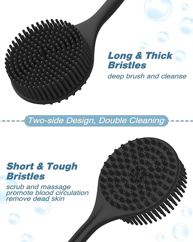 Manmihealth Silicone Back Scrubber & Soft Bath Glove, Silicone Scalp Massager Set 5 PCS, Super-Exfoliating Body Scrubber Shower Brush & Shampoo Brush Combination, with 2 Free Hooks (Style 1 Black)