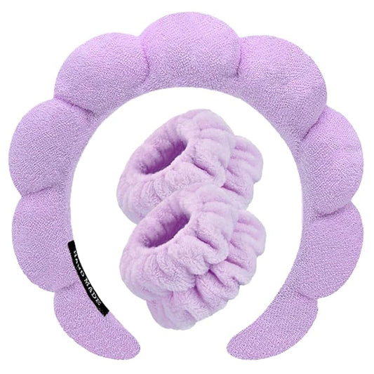 Spa Headbands for Washing Face Wristband Set Sponge Makeup Skincare Headband Wrist Towels Bubble Soft Terry Towel Cloth Hairband for Women Puffy Headwear Non Slip Thick Thin Hair Headwear (Purple)