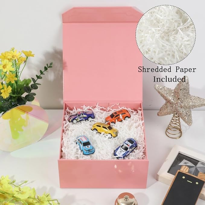 1 Pcs Small Pink Gift Box 8x8x4 Inch Magnetic Gift Box Small Magnetic Box with Crinkle Paper Pink Small Gift Box with Shredded Paper Luxury Gift Boxes with Lids for Presents