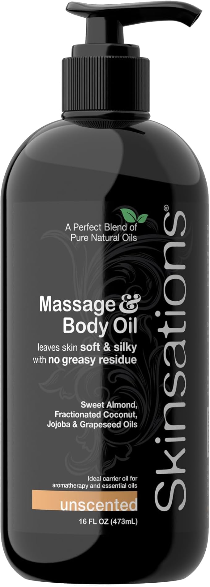 Skinsations - Unscented Massage Oil for Massage Therapy - 16oz | Fragrance-Free Body Oil for Sensitive Skin & Aromatherapy | Sweet Almond, Jojoba, Coconut & Grapeseed Oils