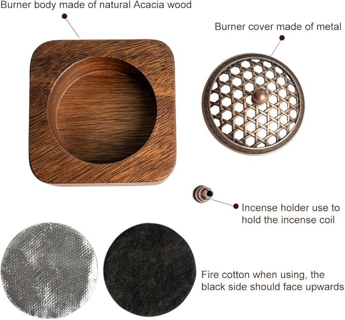 Square Incense Burner Holder - 4" Handcrafted Walnut Wood Censer with Metal Alloy Lid | Natural Incense Stick/Bowl Tray for Yoga & Meditation | Luxury Home Decor Gift for Zen Lovers