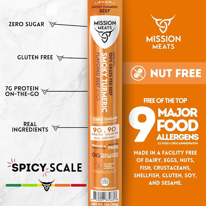 Mission Meats Beef Sticks – 100% Grass Fed & Pasture Raised, Sugar Free, Individually Wrapped Healthy Snacks, Whole 30 & Paleo Friendly, Smoky Turmeric 1oz (Pack of 24)