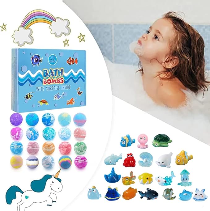 Bath Bomb Gift Set with Surprise Inside, 20 Pack Organic Bath Bombs for Kids, Kids Safe Handmade Fizzy Balls for Kid, Ideal Birthday Gift for Kids, Boys, Girls