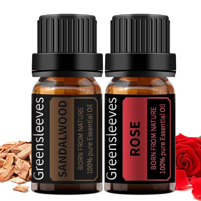 GREENSLEEVES Rose Sandalwood Essential Oil Set, 2 x 10ml Pure Plant-Based Fragrance Oil for Aromatherapy, Essential Oils for Diffuser, Massage, Bath Bomb, Scented Candle Soap Making