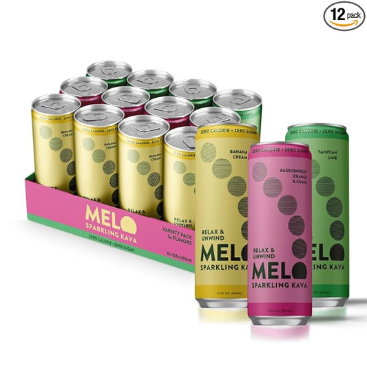 Melo Sparkling Kava Drink, Variety Pack, Sugar Free Non Alcoholic Drinks with Zero Calories, Gluten Free, Vegan, 100% Natural Mocktail with 750mg Kava Root per Drink, 12 Pack, 12 oz Cans