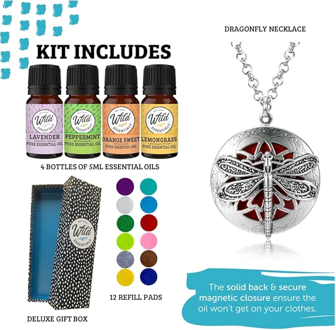 Wild Essentials Dragonfly Necklace Essential Oil Diffuser Kit with Lavender, Lemongrass, Peppermint, Orange Oils, 12 Refill Pads, Calming Aromatherapy Gift Set, Customizable Color Changing, Perfume