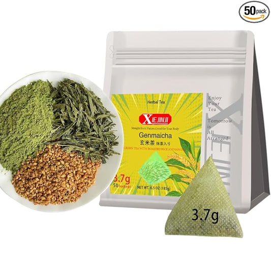 XIEJINJI Genmaicha, Green Tea with Matcha - 3.7g x 50 Count, Japanese-style Roasted Brown Rice Tea, Low Caffeine, Eco-Conscious Tea Bags